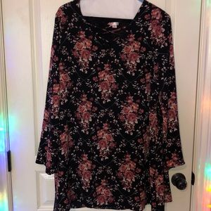 long sleeve black roses dress with crisscross neck